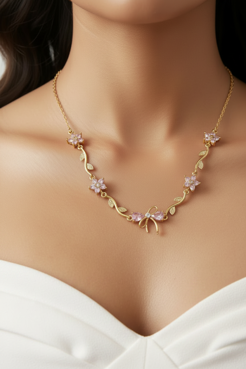 PINK STONE BOW CHELESTE NECKLACE SET