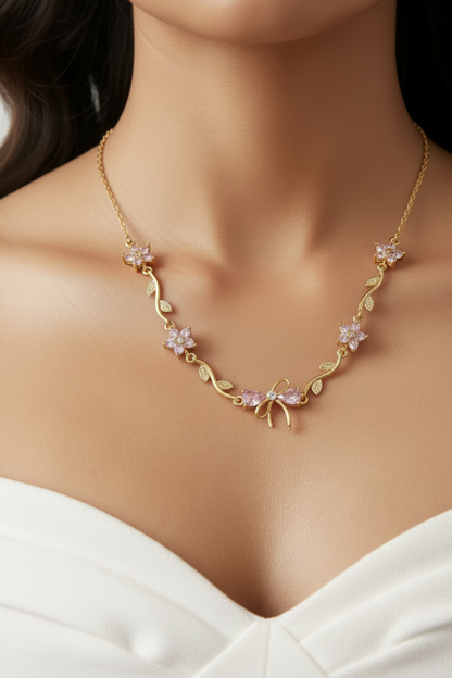 PINK STONE BOW CHELESTE NECKLACE SET