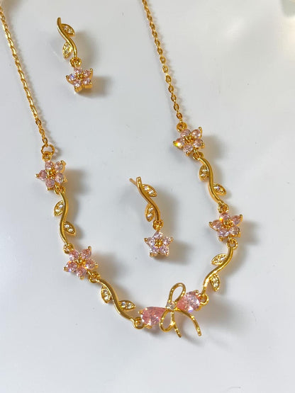 PINK STONE BOW CHELESTE NECKLACE SET