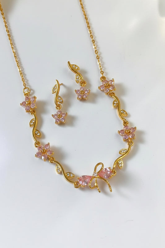 PINK STONE BOW CHELESTE NECKLACE SET