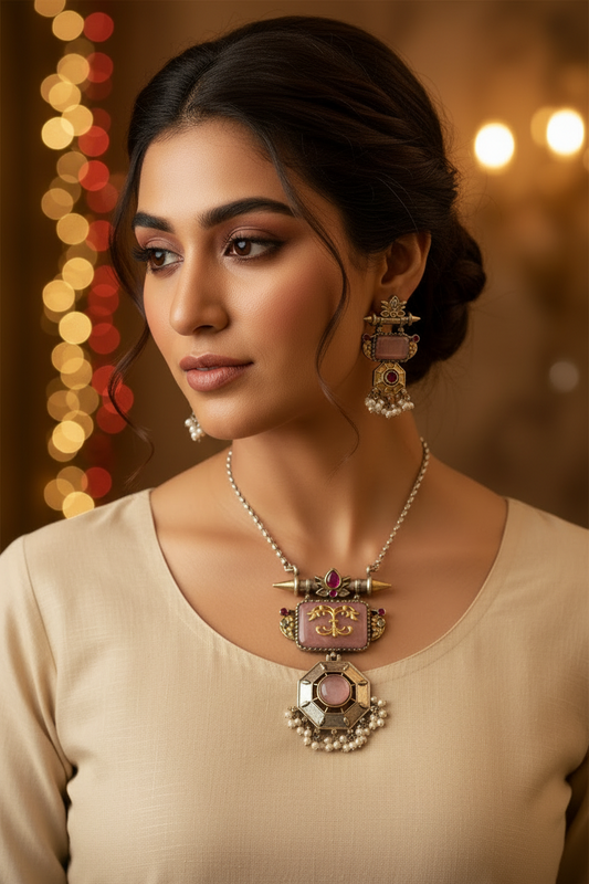 PINK SWETA GERMAN SILVER JEWELLERY SET