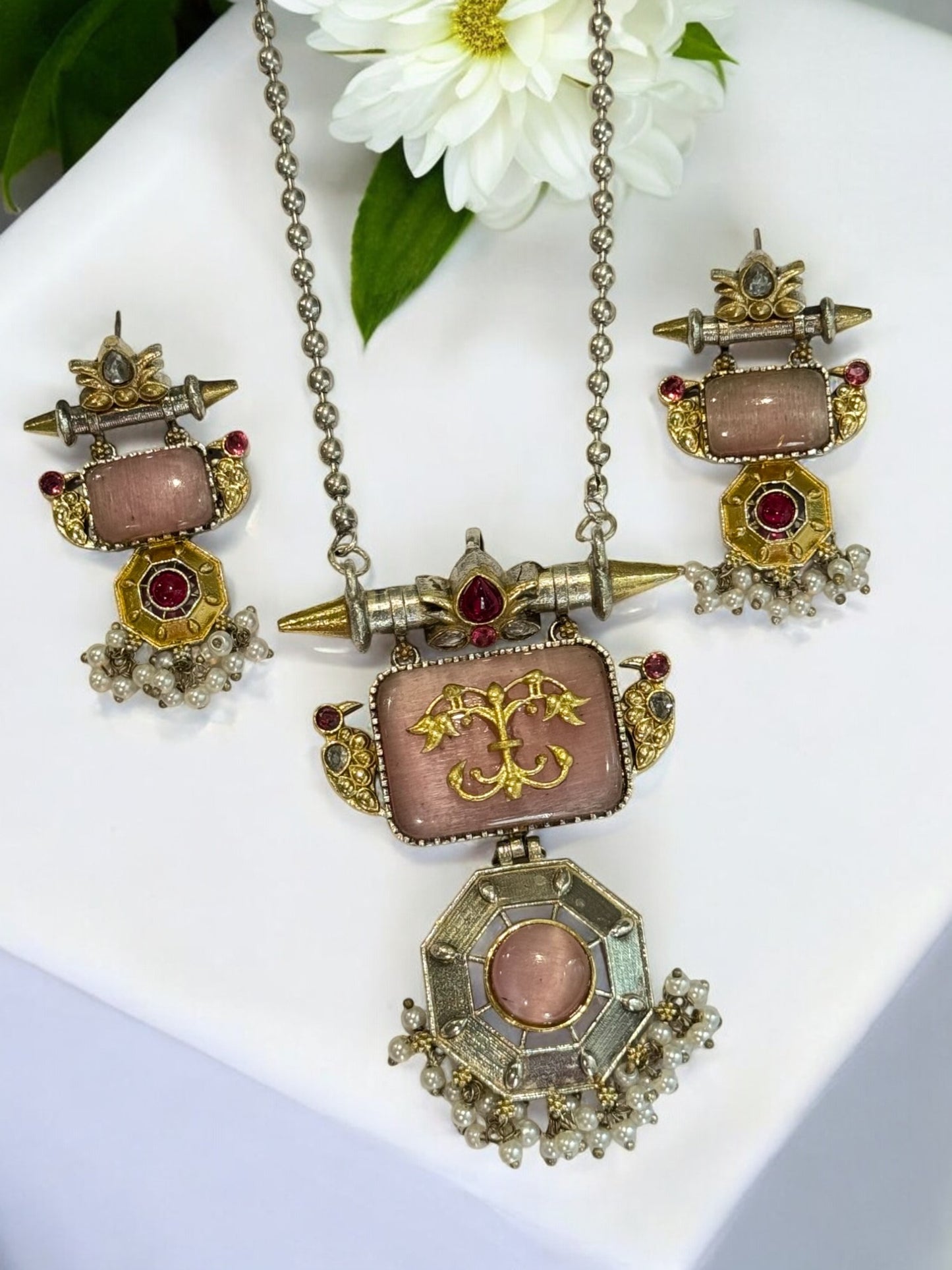 PINK SWETA GERMAN SILVER JEWELLERY SET