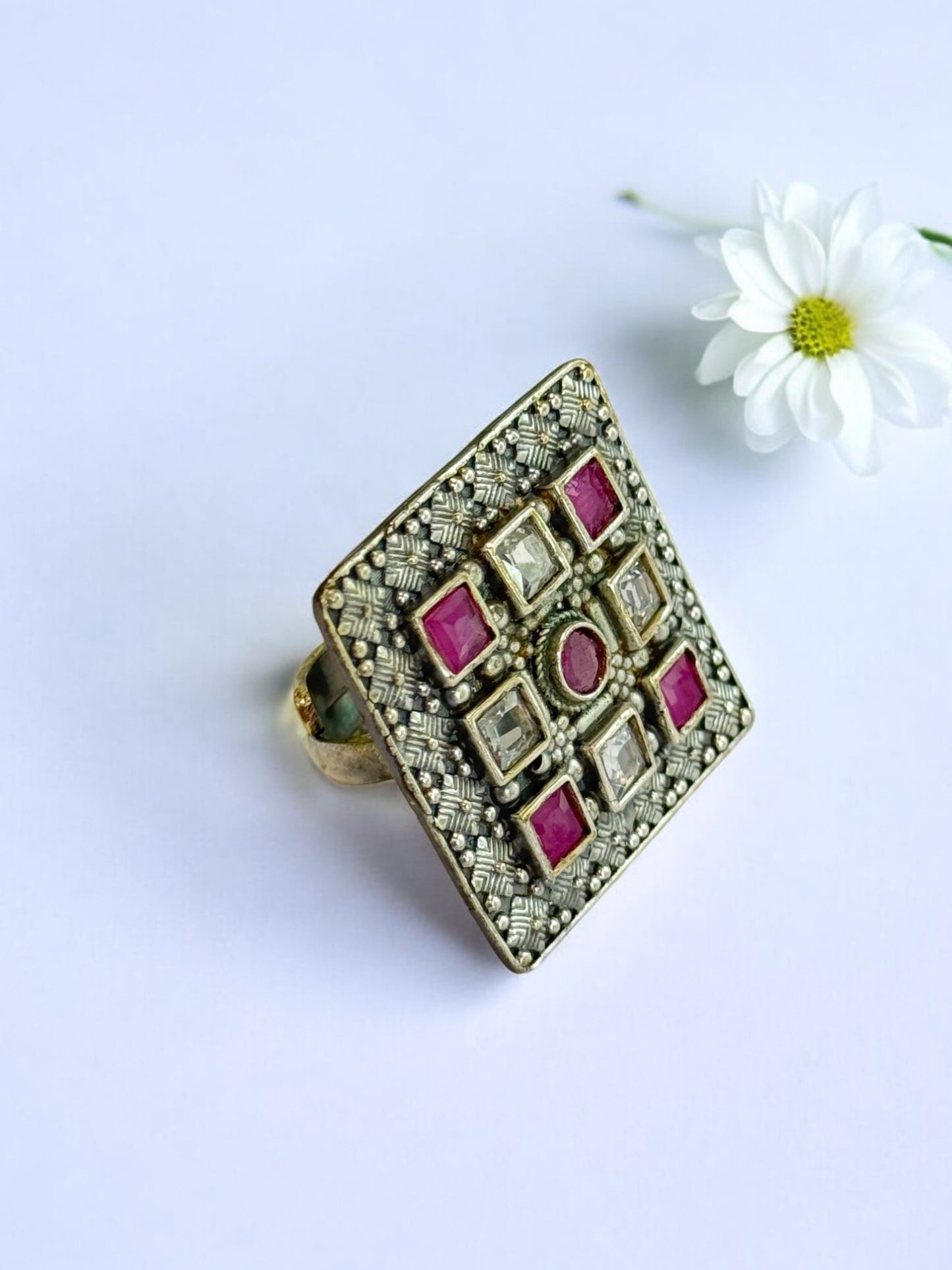 PINK WHITE ISHANI GERMAN SILVER RING