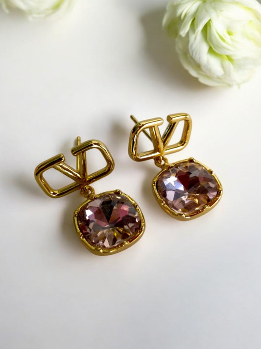 18K GOLD PLATED PINK DIAMOND DANGLING EARRING 