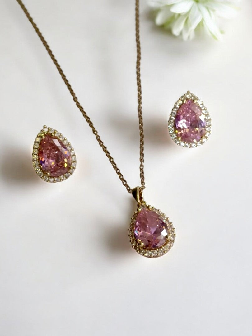 18K GOLD PLATED CHAIN PINK DROP STONE PENDENT AND EARRING