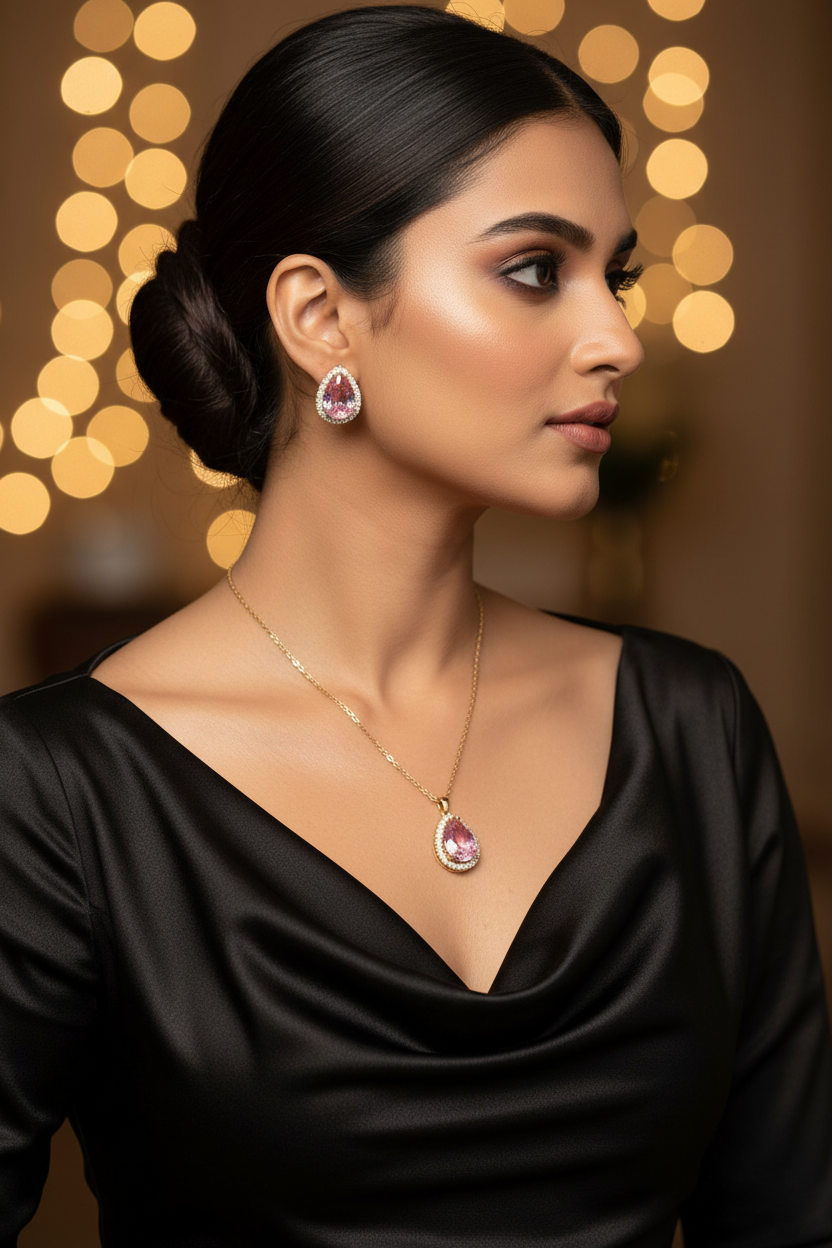 PINK DROP STONE PHICILE PENDENT SET