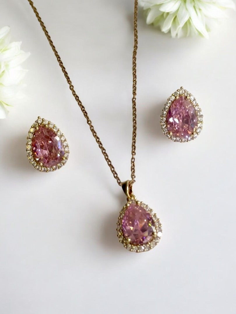 18K GOLD PLATED CHAIN PINK DROP STONE PENDENT AND EARRING