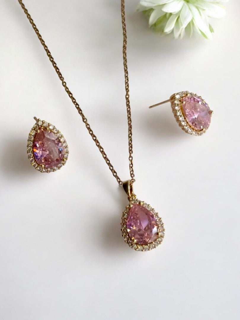 18K GOLD PLATED CHAIN PINK DROP STONE PENDENT AND EARRING