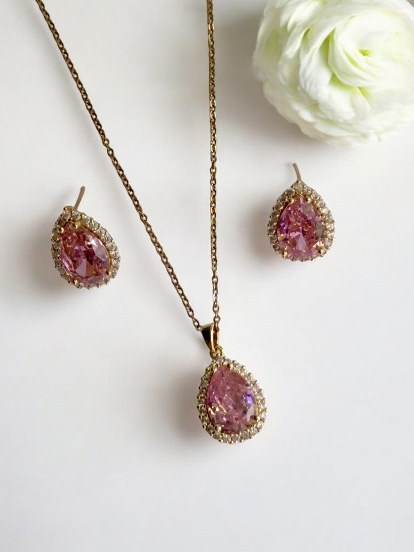 18K GOLD PLATED CHAIN PINK DROP STONE PENDENT AND EARRING