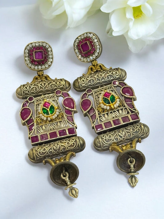 PINK GYANDEVI GERMAN SILVER EARRINGS
