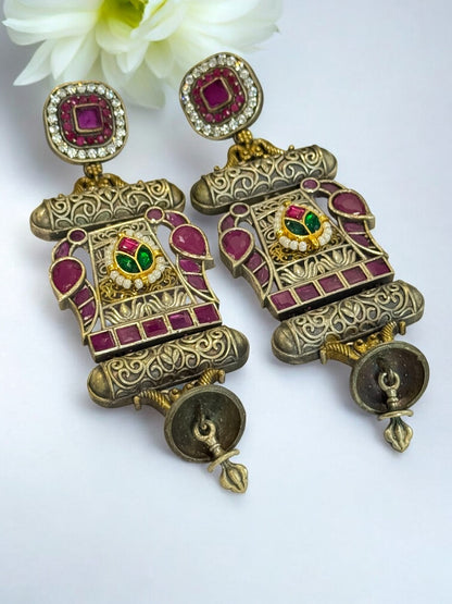 PINK GYANDEVI GERMAN SILVER EARRINGS