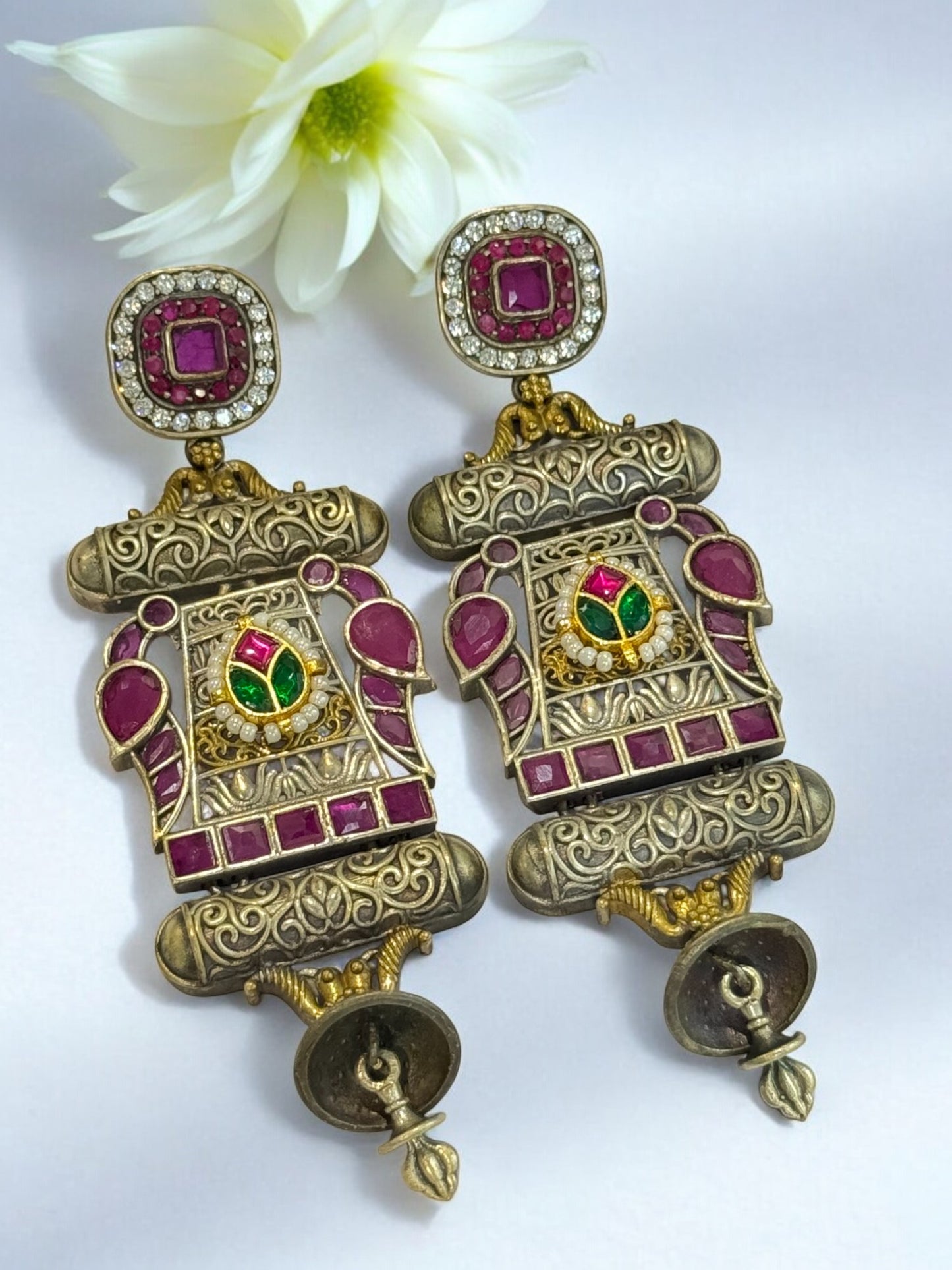 PINK GYANDEVI GERMAN SILVER EARRINGS