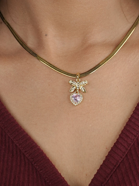 GOLDEN CHAIN WITH PINK DIAMOND AND TINY DIAMOND BOW