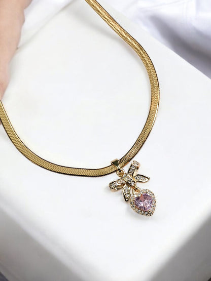 GOLDEN CHAIN WITH PINK DIAMOND AND TINY DIAMOND BOW