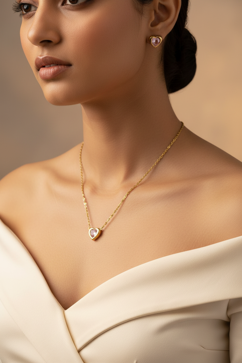 PINK HEART AVERILL NECKLACE AND EARRINGS (COMBO)