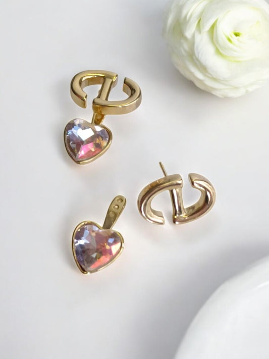 18K GOLD PLATED CHRISTIAN DIOR BRANDED EARRING WITH HEART DIAMOND