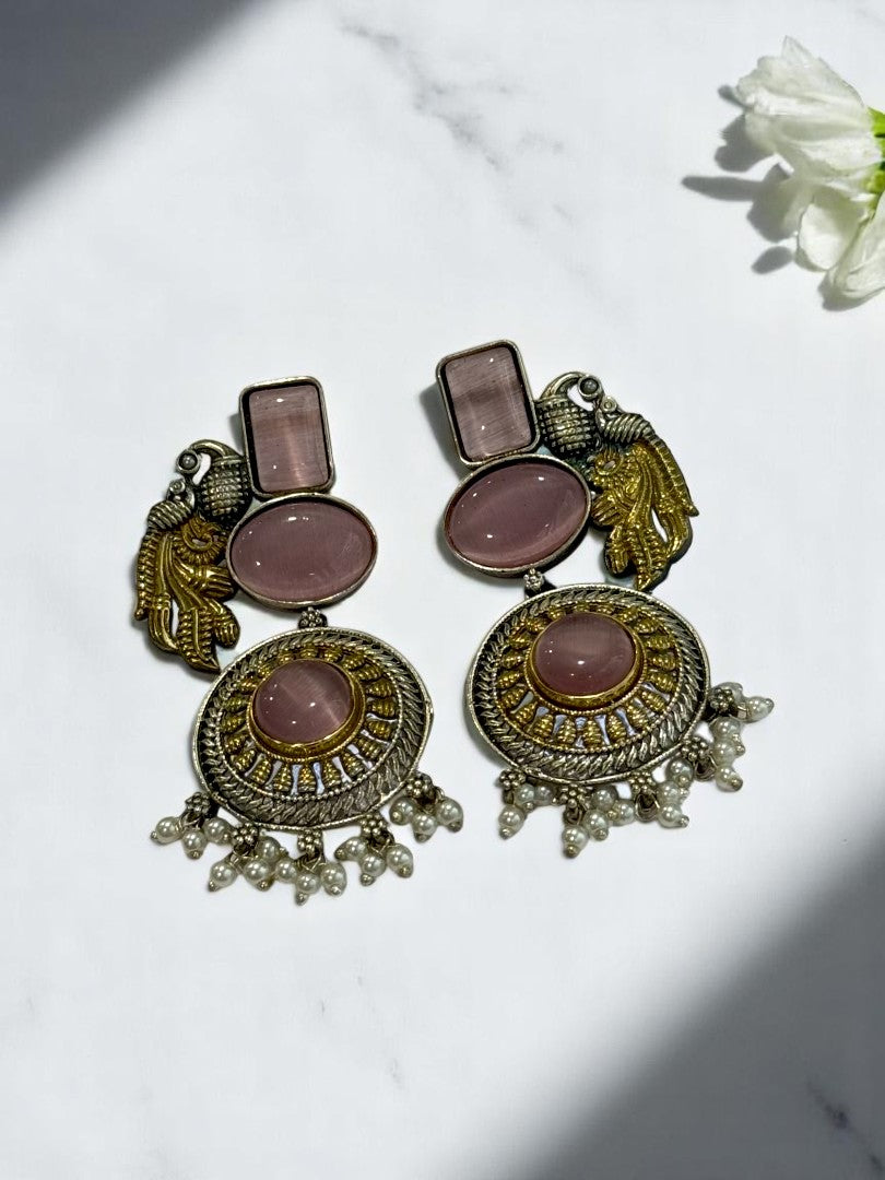 GERMAN SILVER DUAL TONE PINK STONE PEACOCK DANGLE EARRINGS