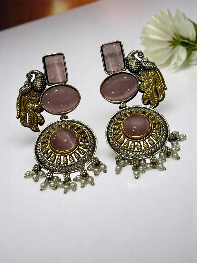 GERMAN SILVER DUAL TONE PINK STONE PEACOCK DANGLE EARRINGS