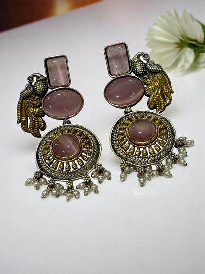 GERMAN SILVER DUAL TONE PINK STONE PEACOCK DANGLE EARRINGS