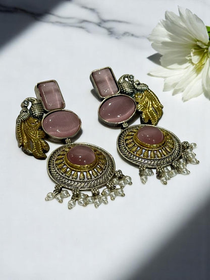 GERMAN SILVER DUAL TONE PINK STONE PEACOCK DANGLE EARRINGS