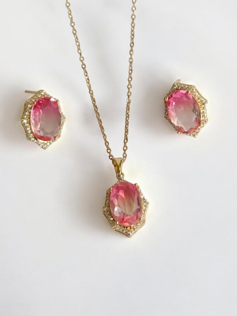 18K GOLD PLATED CHAIN PINK OVAL STONE PENDENT AND EARRING