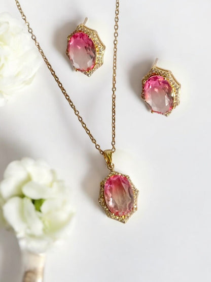 18K GOLD PLATED CHAIN PINK OVAL STONE PENDENT AND EARRING