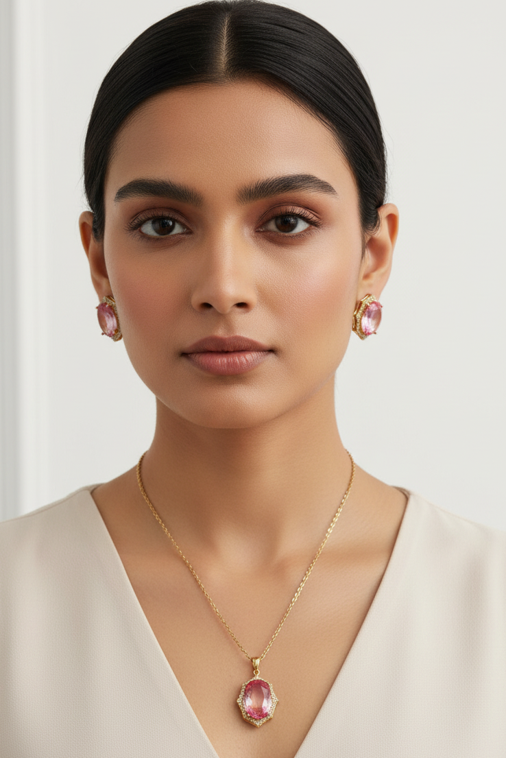 PINK OVAL STONE PHICILE PENDENT SET