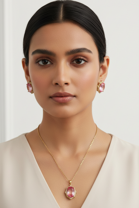 PINK OVAL STONE PHICILE PENDENT SET