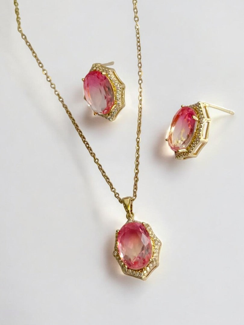 18K GOLD PLATED CHAIN PINK OVAL STONE PENDENT AND EARRING