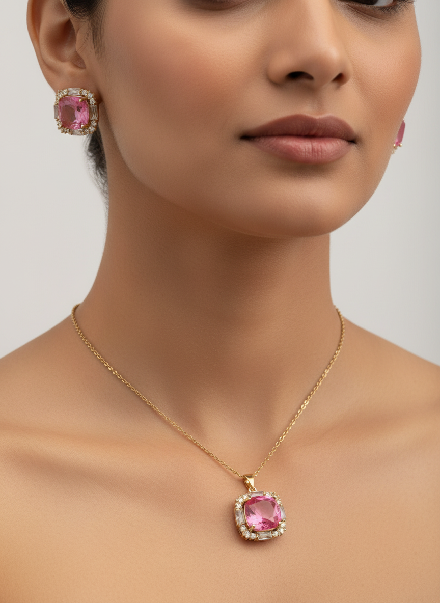 PINK STONE DISELLIE PENDENT SET