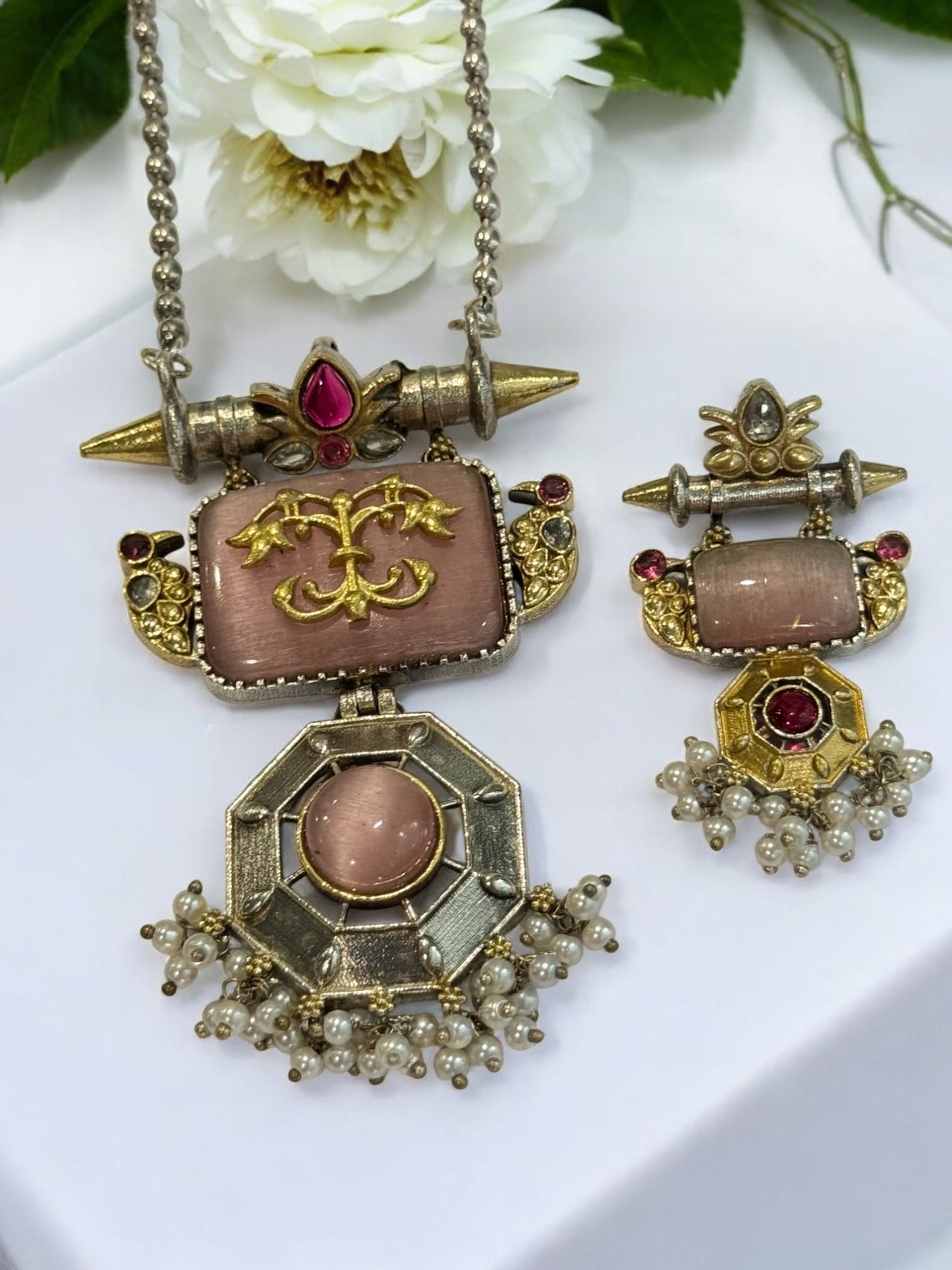 PINK SWETA GERMAN SILVER JEWELLERY SET