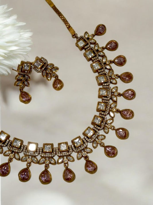 DIAMOND AND KUNDAN NECKLACE WITH PINK HANGING STONE AND EARRING