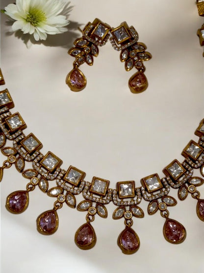 DIAMOND AND KUNDAN NECKLACE WITH PINK HANGING STONE AND EARRING