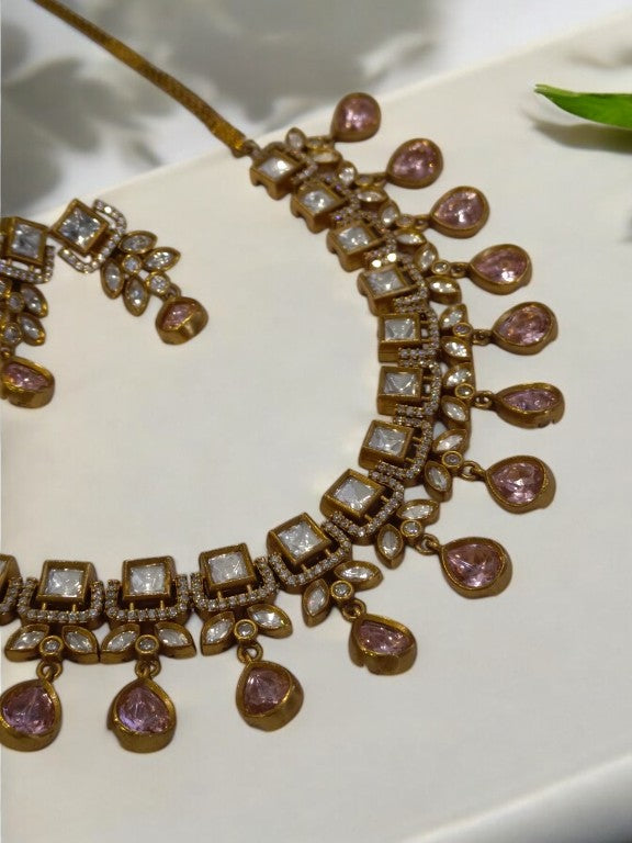 DIAMOND AND KUNDAN NECKLACE WITH PINK HANGING STONE AND EARRING