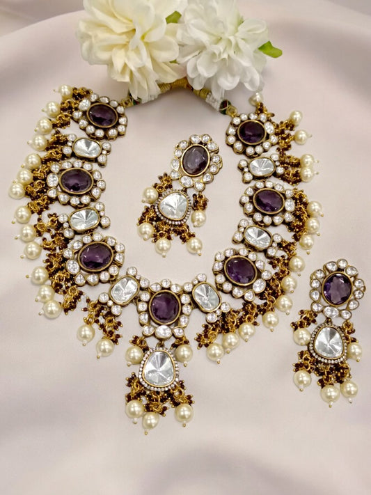 PURPLE STONE AND KUNDAN NECKLACE WITH HANGING PEARLS AND DANGLING EARRING
