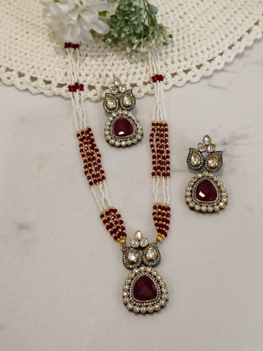 WHITE AND RED BEADED LONG MALA WITH RED STONE, DIAMOND, KUNDAN AND DANGLING EARRING