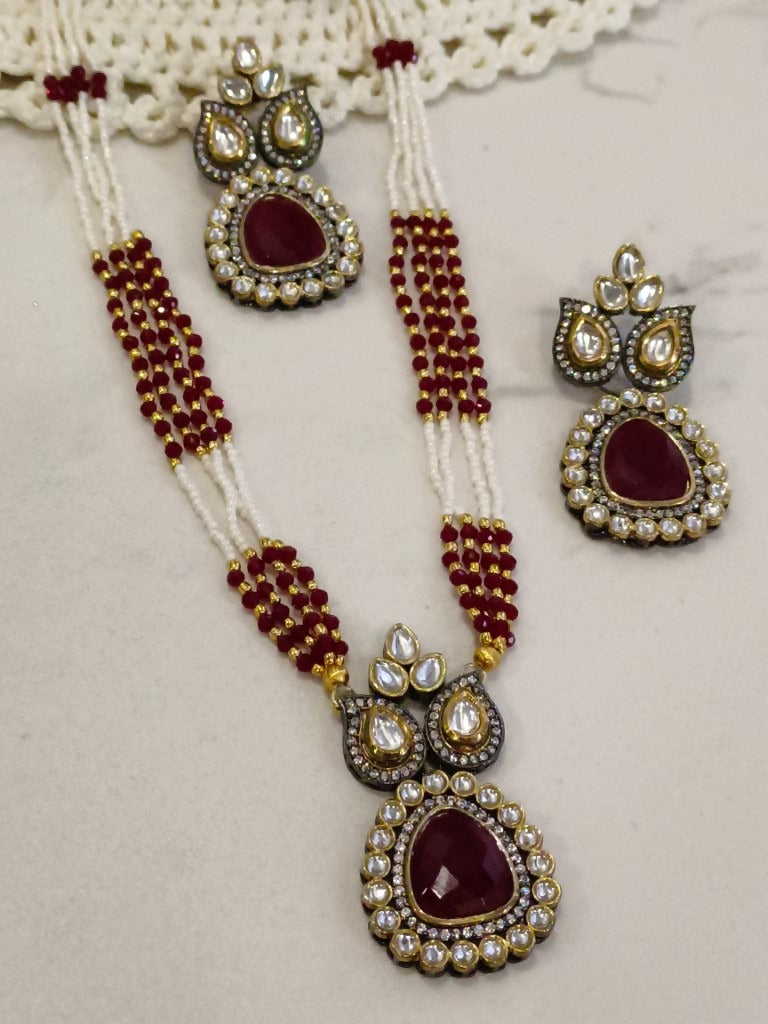 WHITE AND RED BEADED LONG MALA WITH RED STONE, DIAMOND, KUNDAN AND DANGLING EARRING