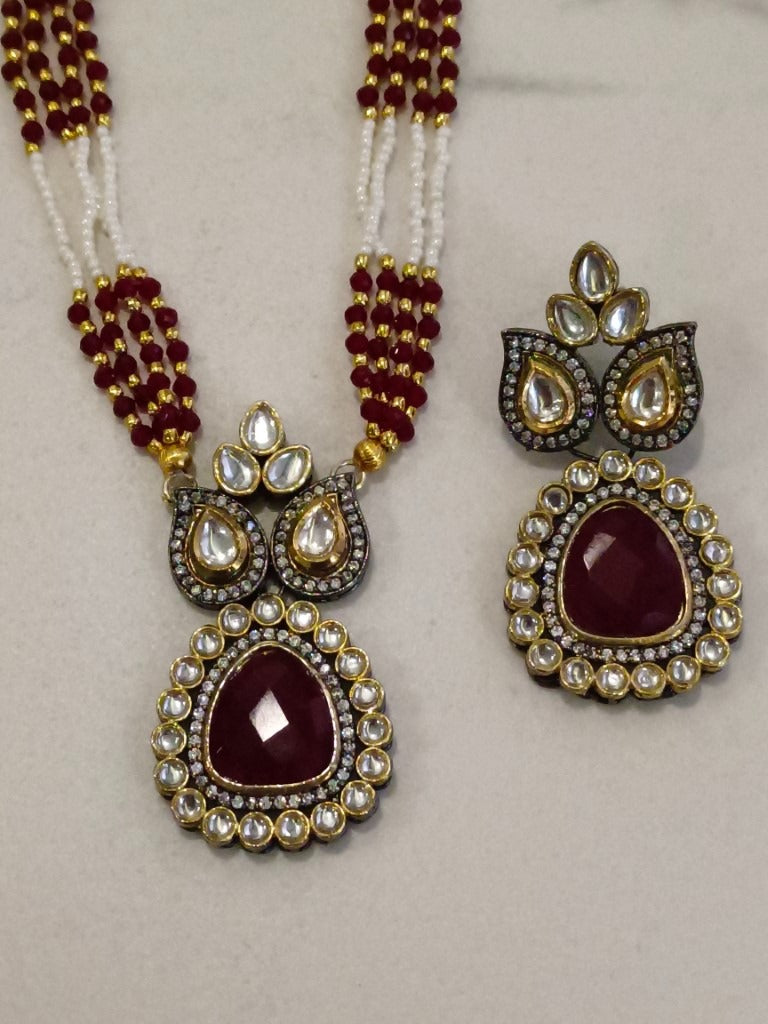 WHITE AND RED BEADED LONG MALA WITH RED STONE, DIAMOND, KUNDAN AND DANGLING EARRING