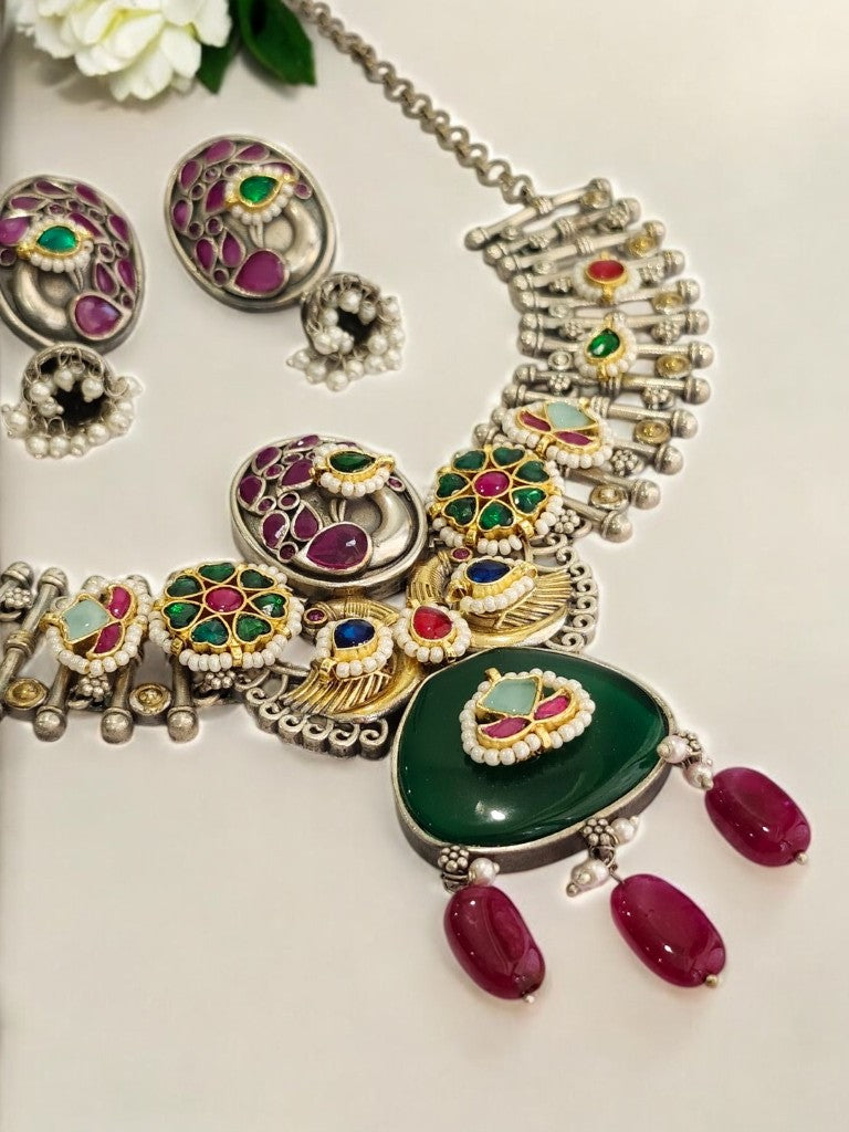 GERMAN SILVER WITH GREEN STONE, MULTI KUNDAN, HANGING RUBY BEADS AND EARRING