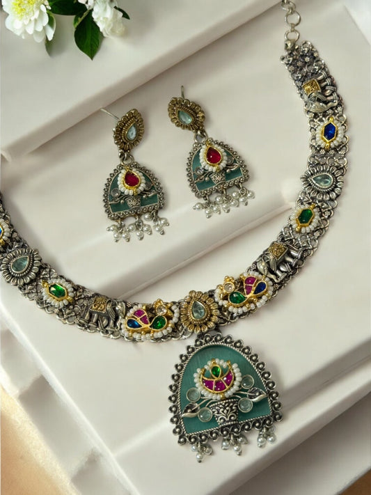 SEA BLUE ALKA GERMAN SILVER JEWELLERY SET