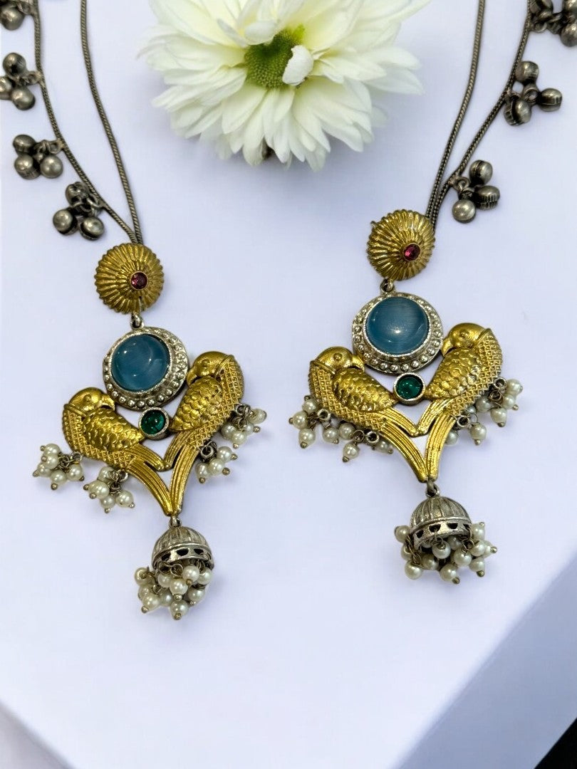 GERMAN SILVER DUAL TONE PEACOCK MOTIF AND JINGELS CHAIN EARRING