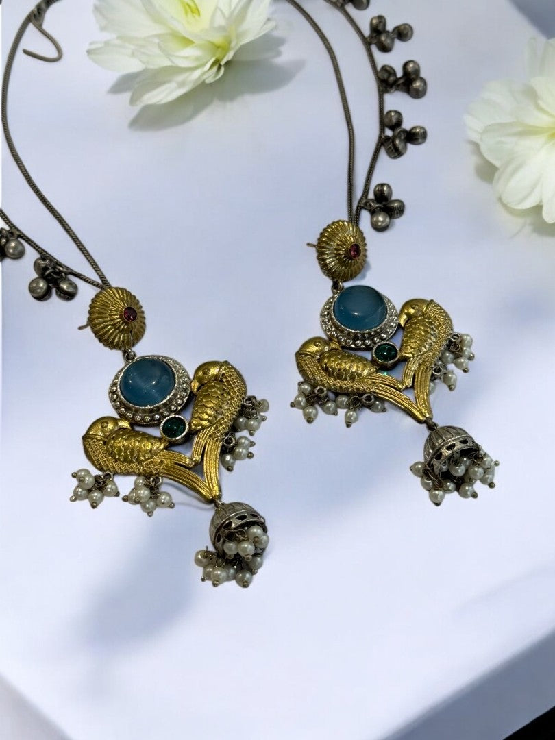 GERMAN SILVER DUAL TONE PEACOCK MOTIF AND JINGELS CHAIN EARRING