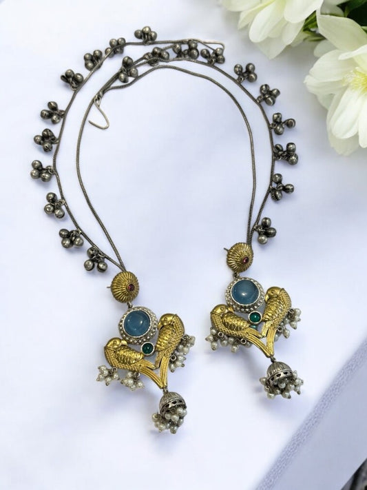 GERMAN SILVER DUAL TONE PEACOCK MOTIF AND JINGELS CHAIN EARRING