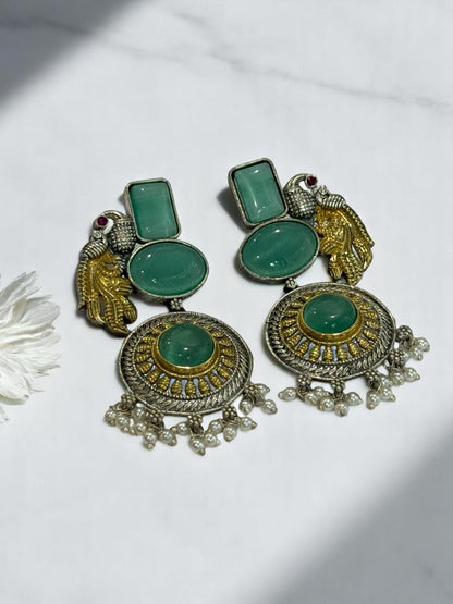 GERMAN SILVER DUAL TONE SEA GREEN STONE PEACOCK DANGLE EARRINGS