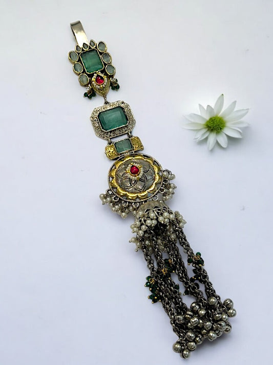 GERMAN SILVER ANTI TARNISH SEA GREEN STONE HANGING PEARLS JUDA
