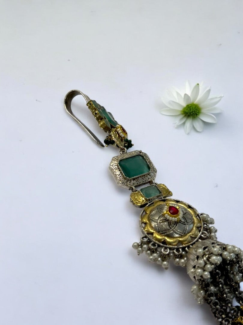GERMAN SILVER ANTI TARNISH SEA GREEN STONE HANGING PEARLS JUDA