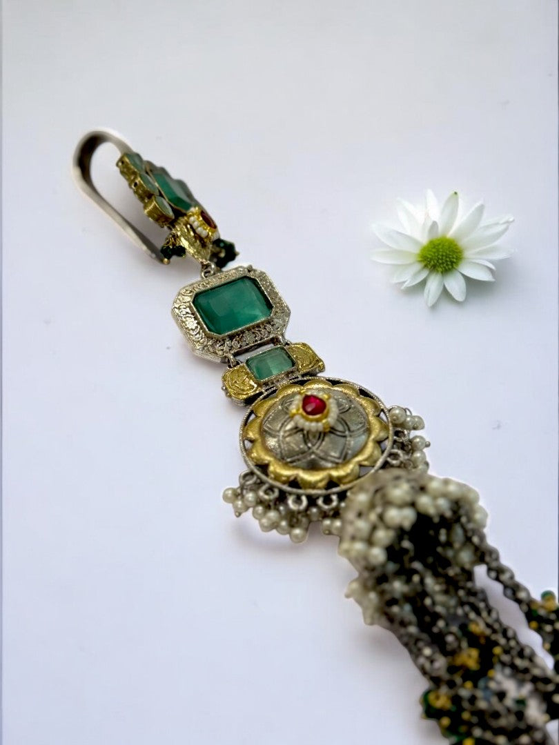 GERMAN SILVER ANTI TARNISH SEA GREEN STONE HANGING PEARLS JUDA