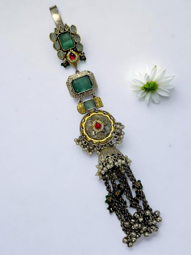 GERMAN SILVER ANTI TARNISH SEA GREEN STONE HANGING PEARLS JUDA