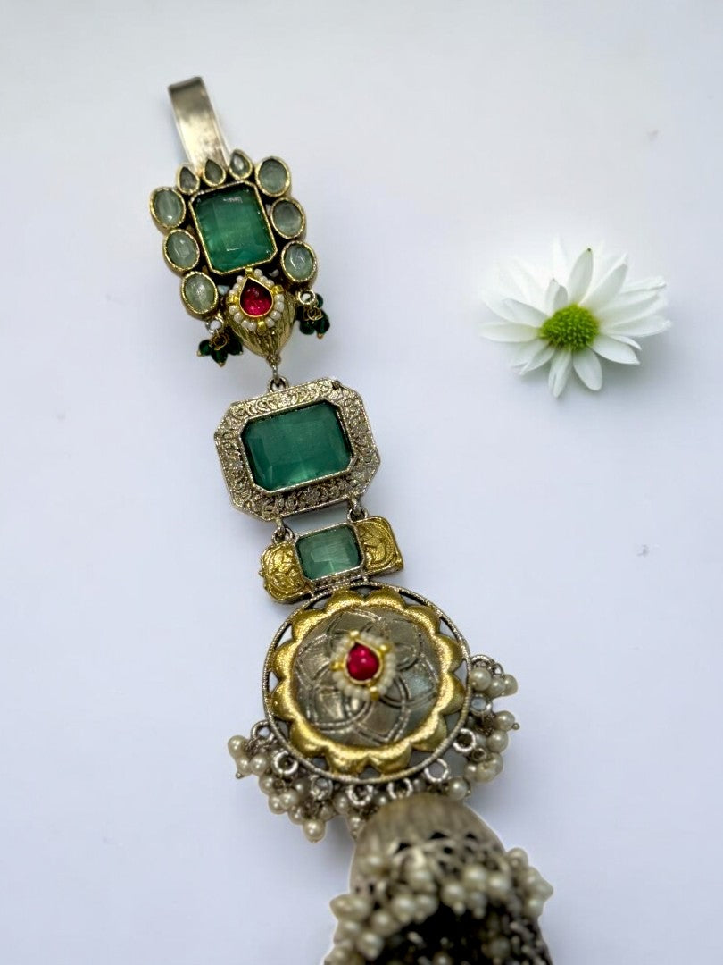 GERMAN SILVER ANTI TARNISH SEA GREEN STONE HANGING PEARLS JUDA