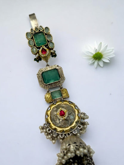 GERMAN SILVER ANTI TARNISH SEA GREEN STONE HANGING PEARLS JUDA